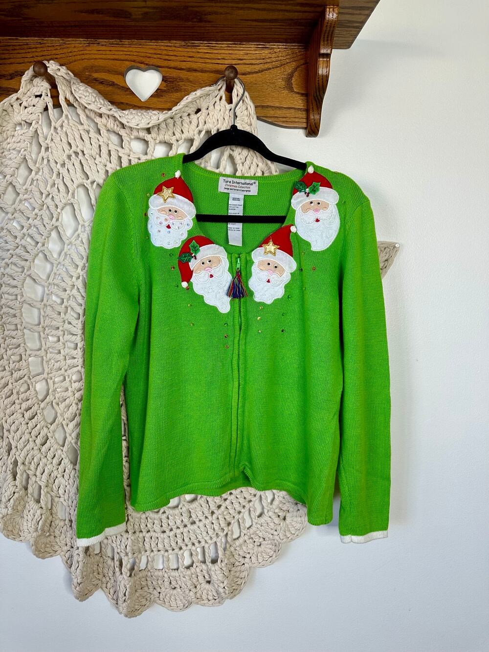 Tiara International Christmas Collection Santa Zip Front Green Sweater Medium